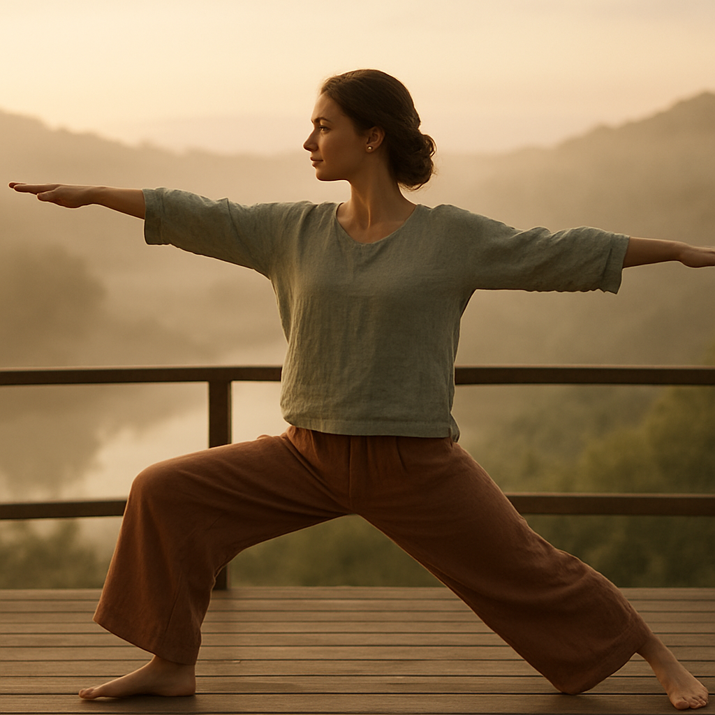 Yoga practitioner in a warrior pose on a wooden deck at golden hour